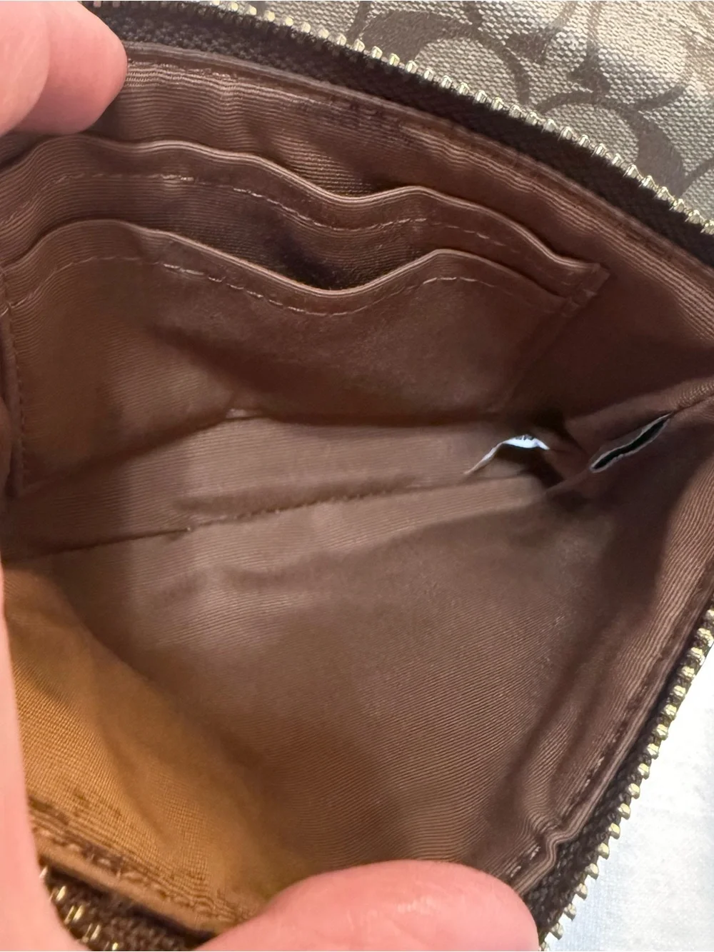 Coach Brown Signature Canvas Zip Pouch with Cream Center Stripe